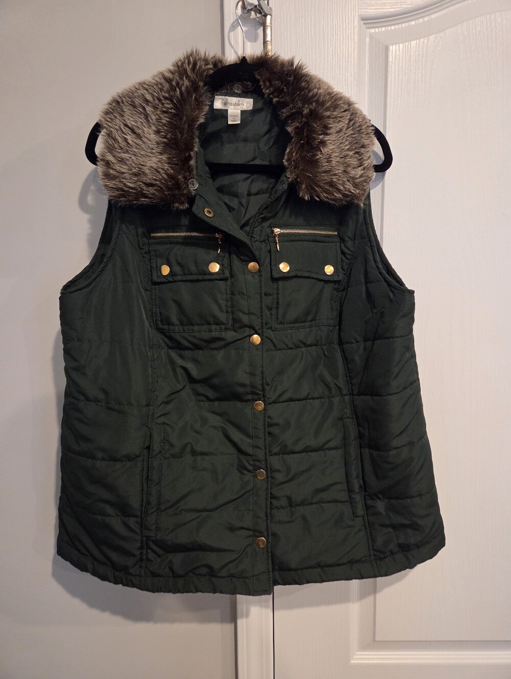 dressbarn Forest Green Quilted Vest with Faux Fur Collar